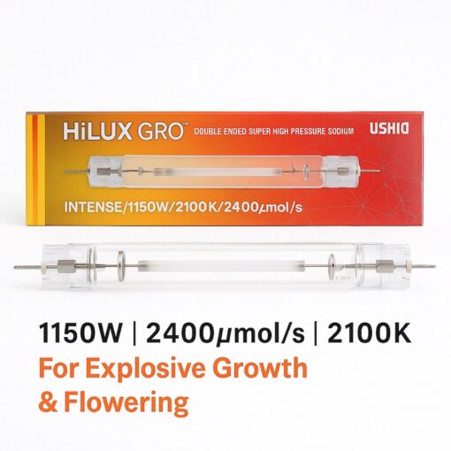 Ushio HiLUX GRO™ 1150W Double-Ended HPS Grow Light Bulb – 2100K / 2400 µmol/s PAR Output – 10,000 Hour Life – Pro Greenhouse & Turf Use