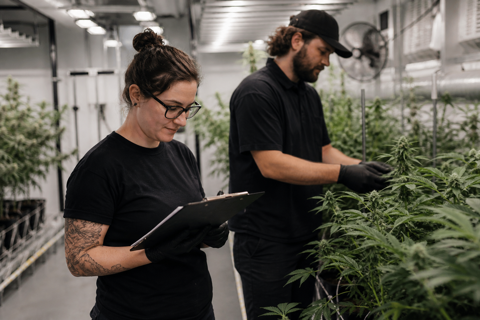 Two indoor growers evaluating cannabis plants in a commercial grow room — one holding a clipboard, one inspecting buds.